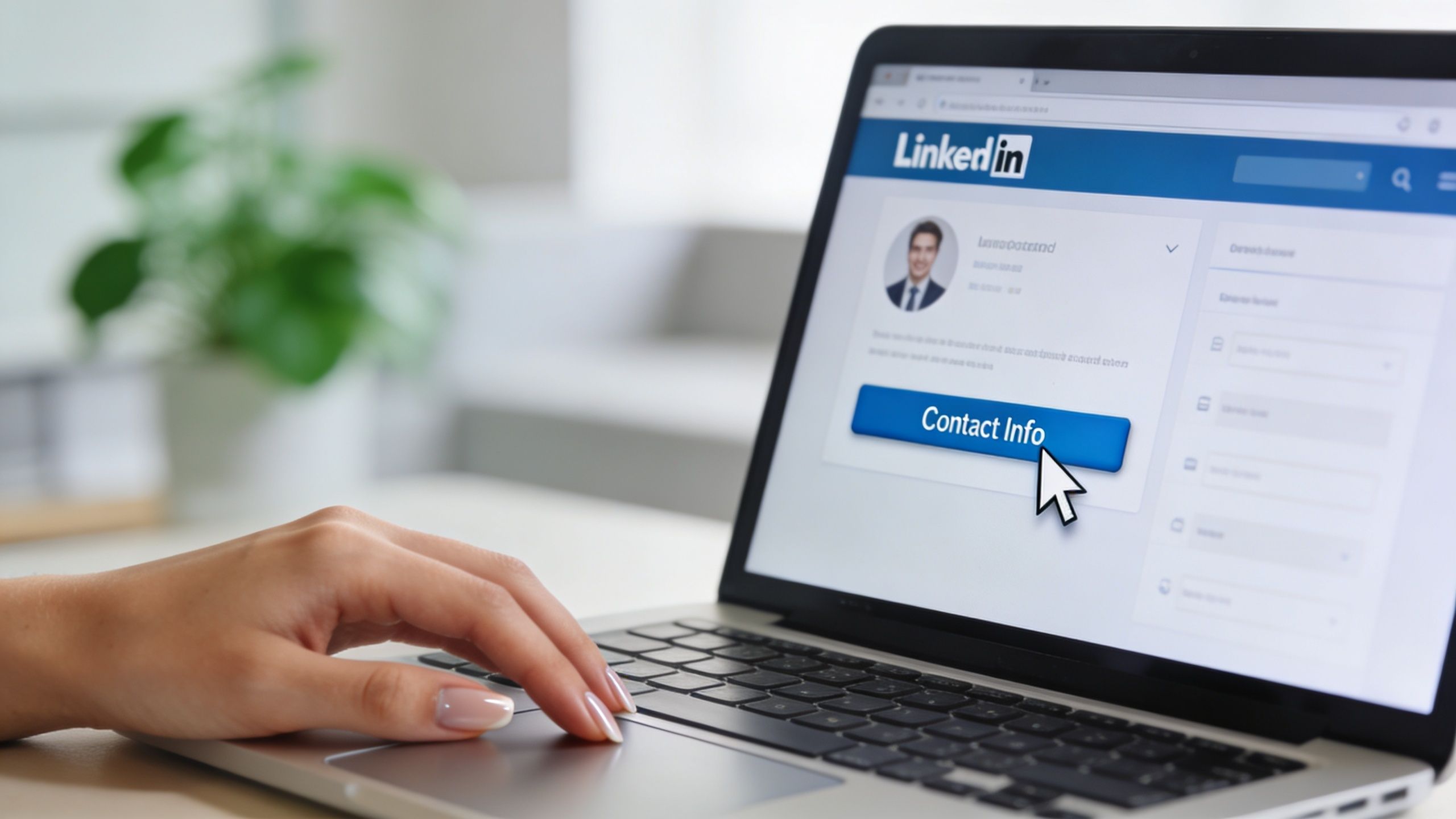 A close-up view of a person clicking a LinkedIn contact information button on a laptop screen.