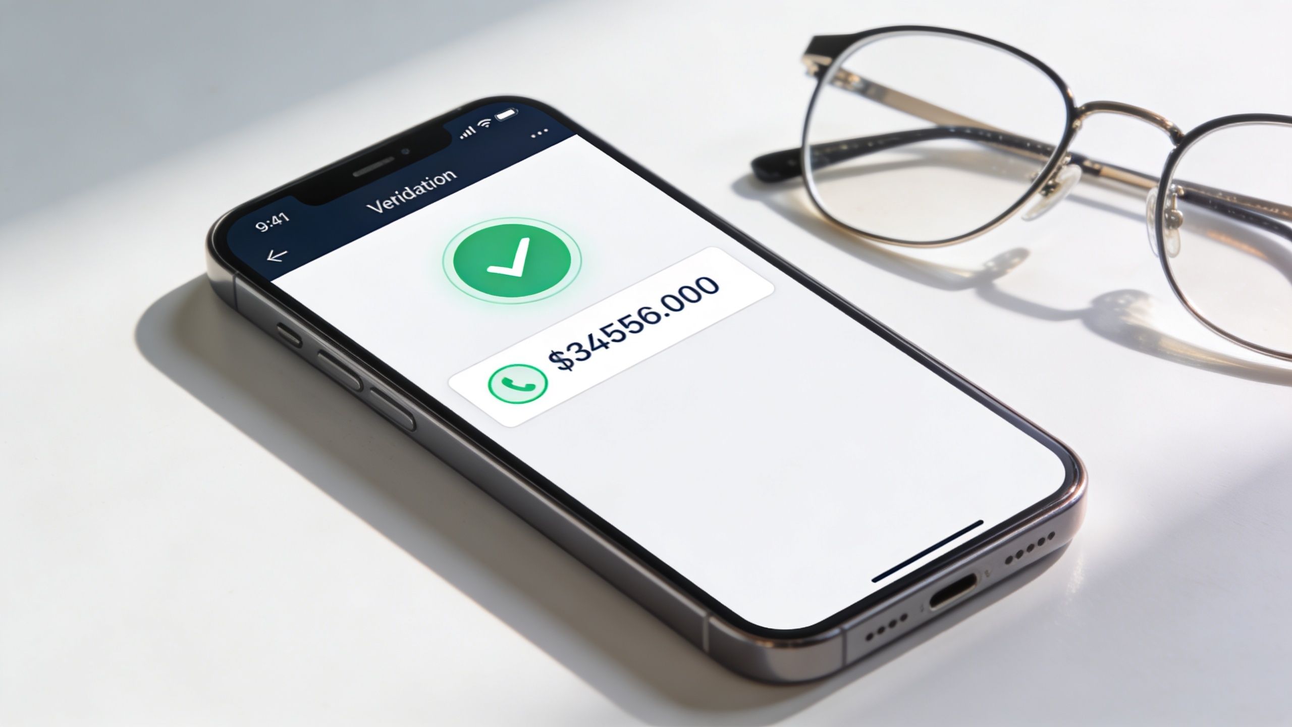 A modern smartphone displaying a successful verification checkmark and a phone number on a white background.