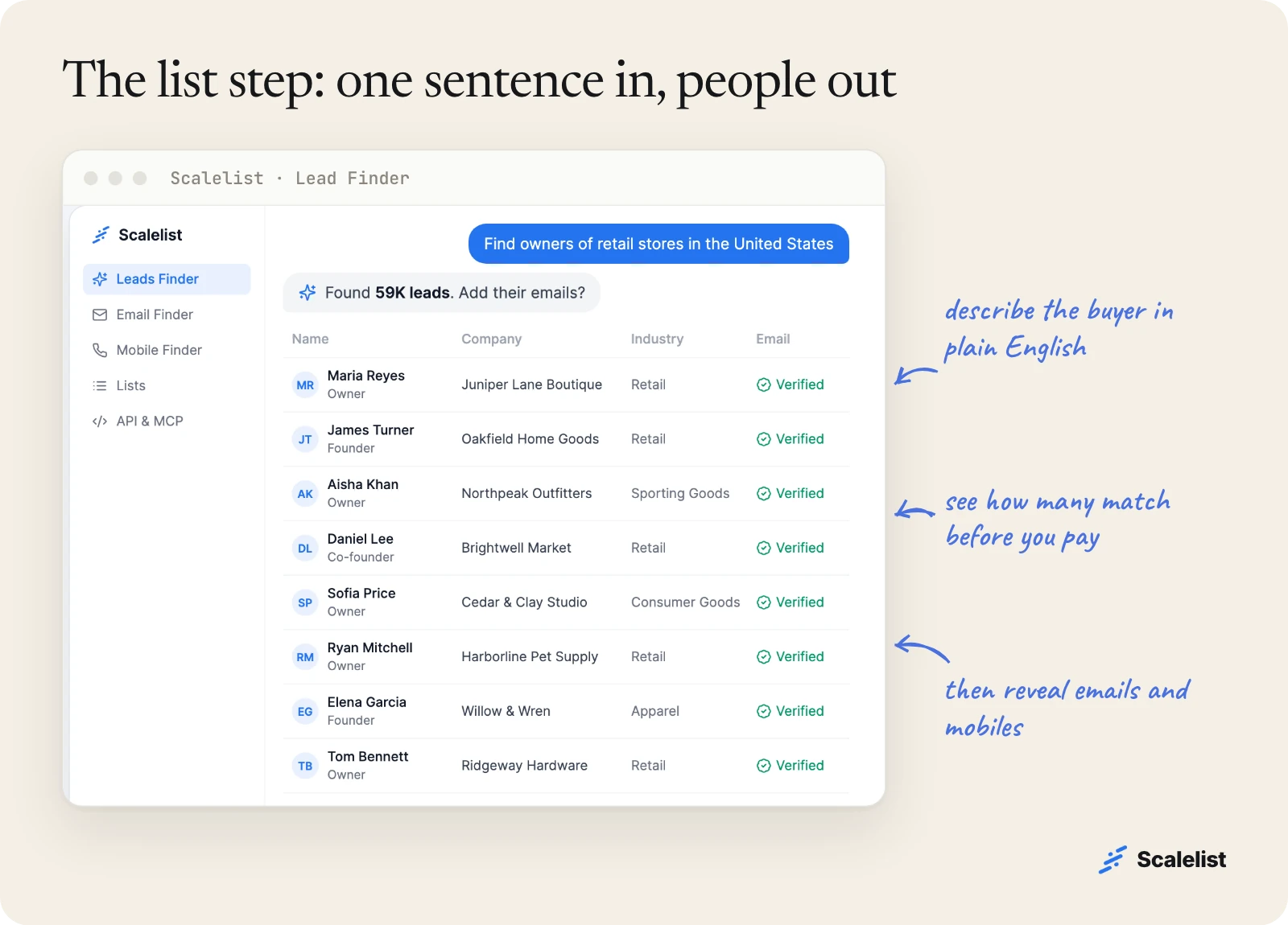 Scalelist Lead Finder product preview: a plain-English request for retail store owners in the United States returns a list of matching leads