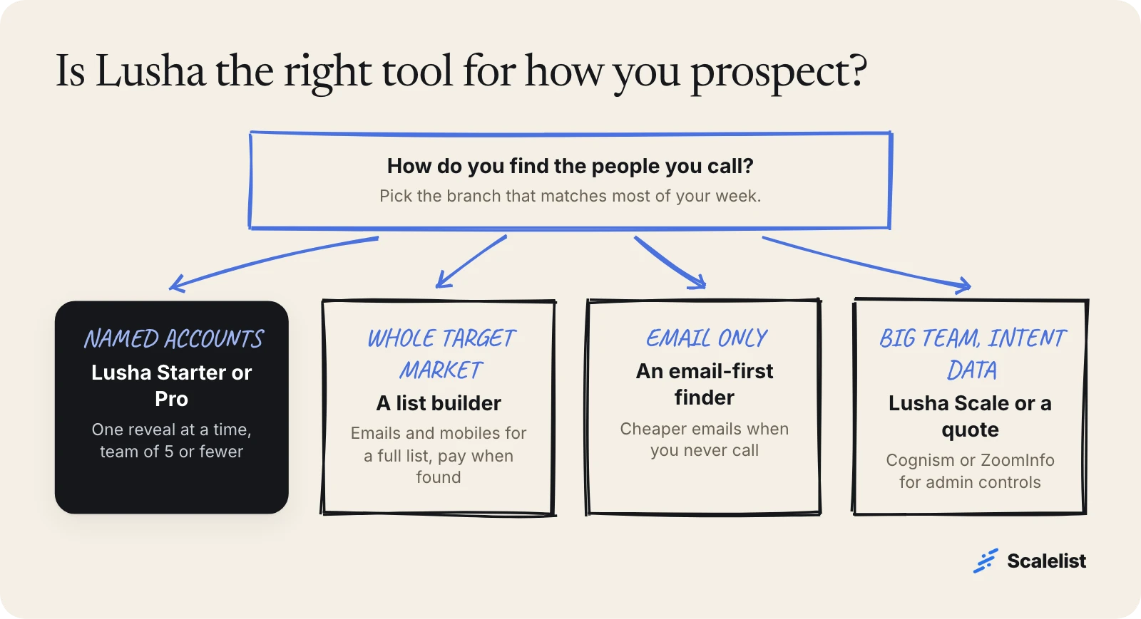 Decision tree for Lusha fit: named accounts suit Lusha Starter or Pro, whole target markets suit a list builder, email only suits an email finder, big teams need a quote.