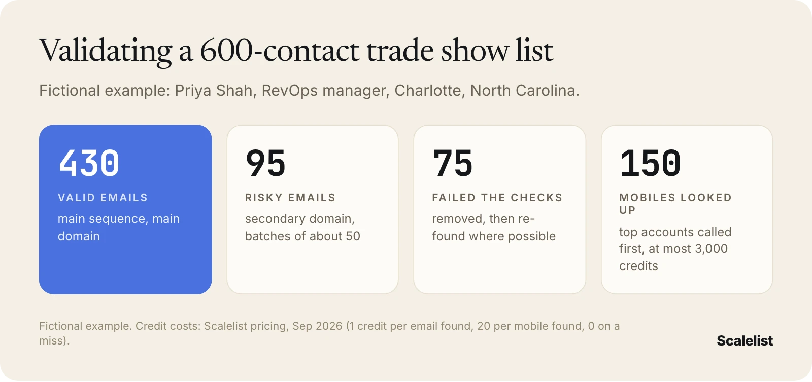 B2B data validation example on 600 trade show contacts: 430 Valid emails, 95 Risky, 75 failed and removed, 150 mobiles looked up for top accounts