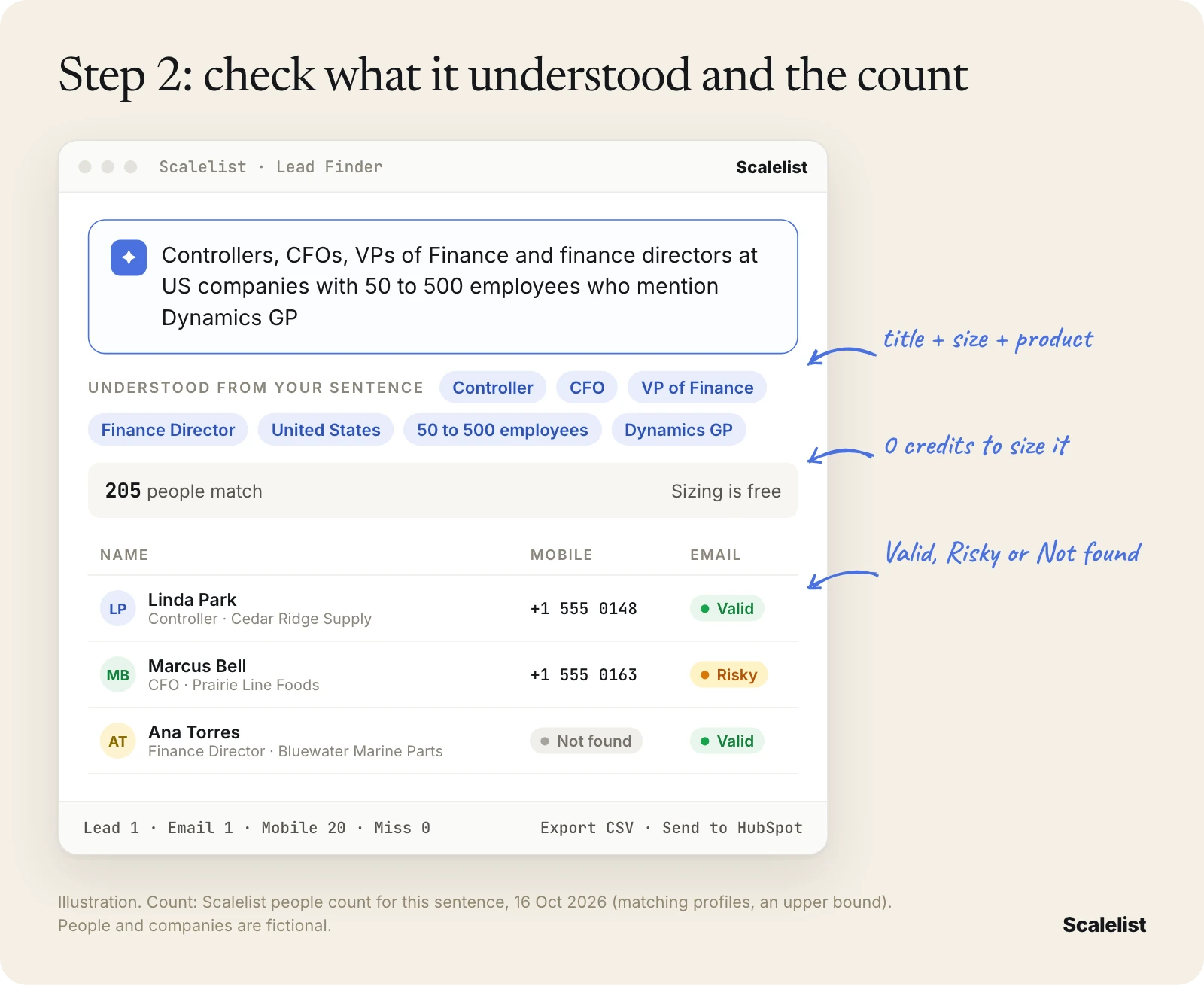 Illustration of a Microsoft Dynamics GP users email list in Lead Finder: 205 controllers, CFOs and finance leaders at 50 to 500 employees, with email status